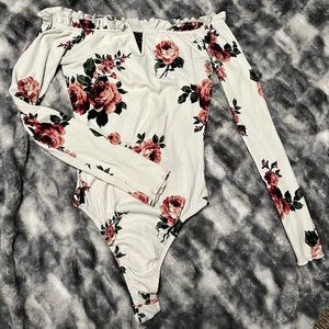 Off Shoulder White Floral Bodysuit